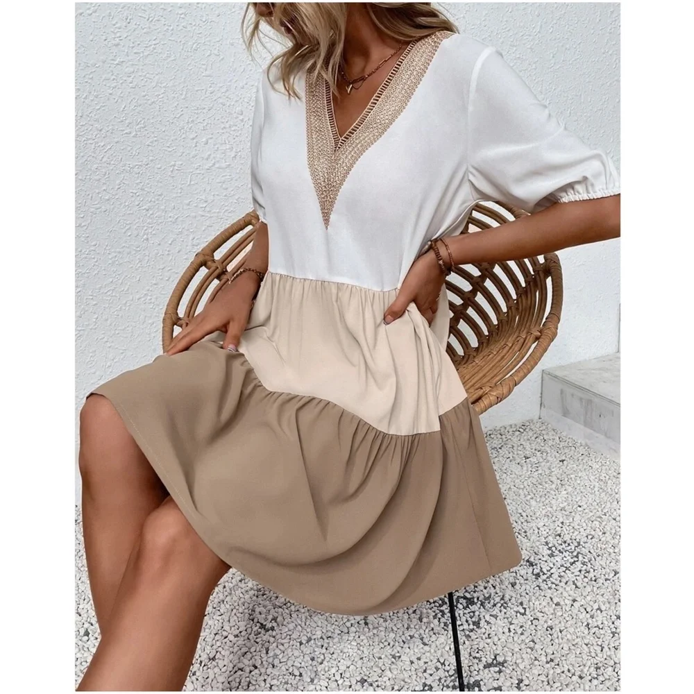 Boho Color Block Lace Oversized Mini Dress - Picture 5 of 13